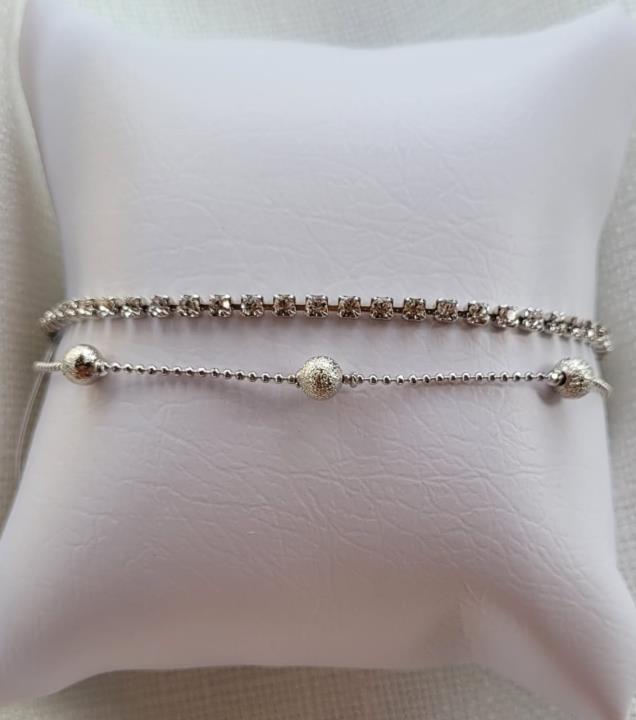 PULSEIRA DUPLA BOLINHA STRASS PRATA